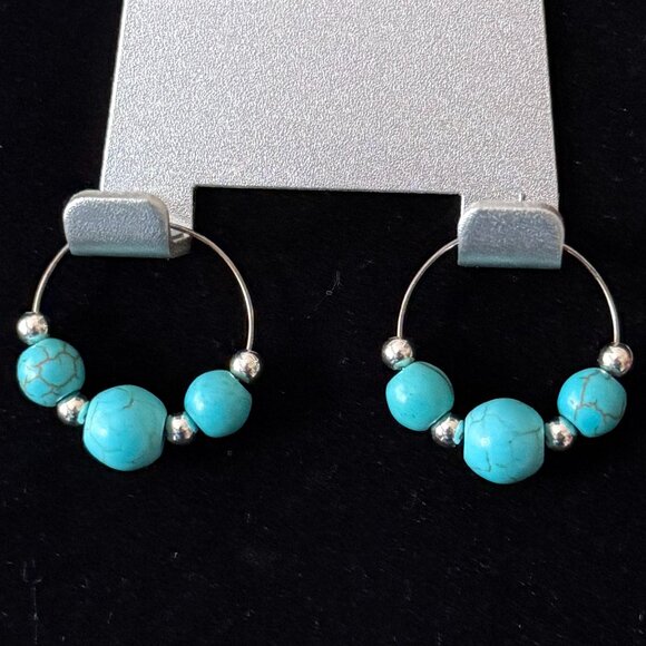 3/$17 Turquoise and Silver Balls Pierced Hoop Earring - Picture 1 of 3